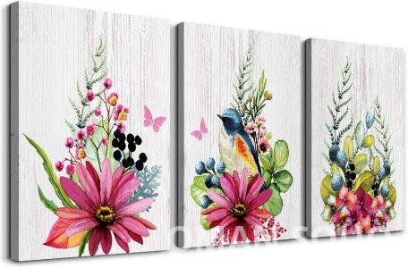 Flowers and birds 3 Pieces abstract Canvas Wall Art for living room Wall Decor